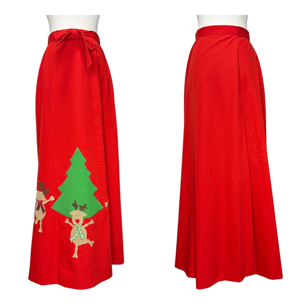 Vintage HandmaReversible Christmas Wrap Maxi Skirt Red Plaid Reindeer Applique